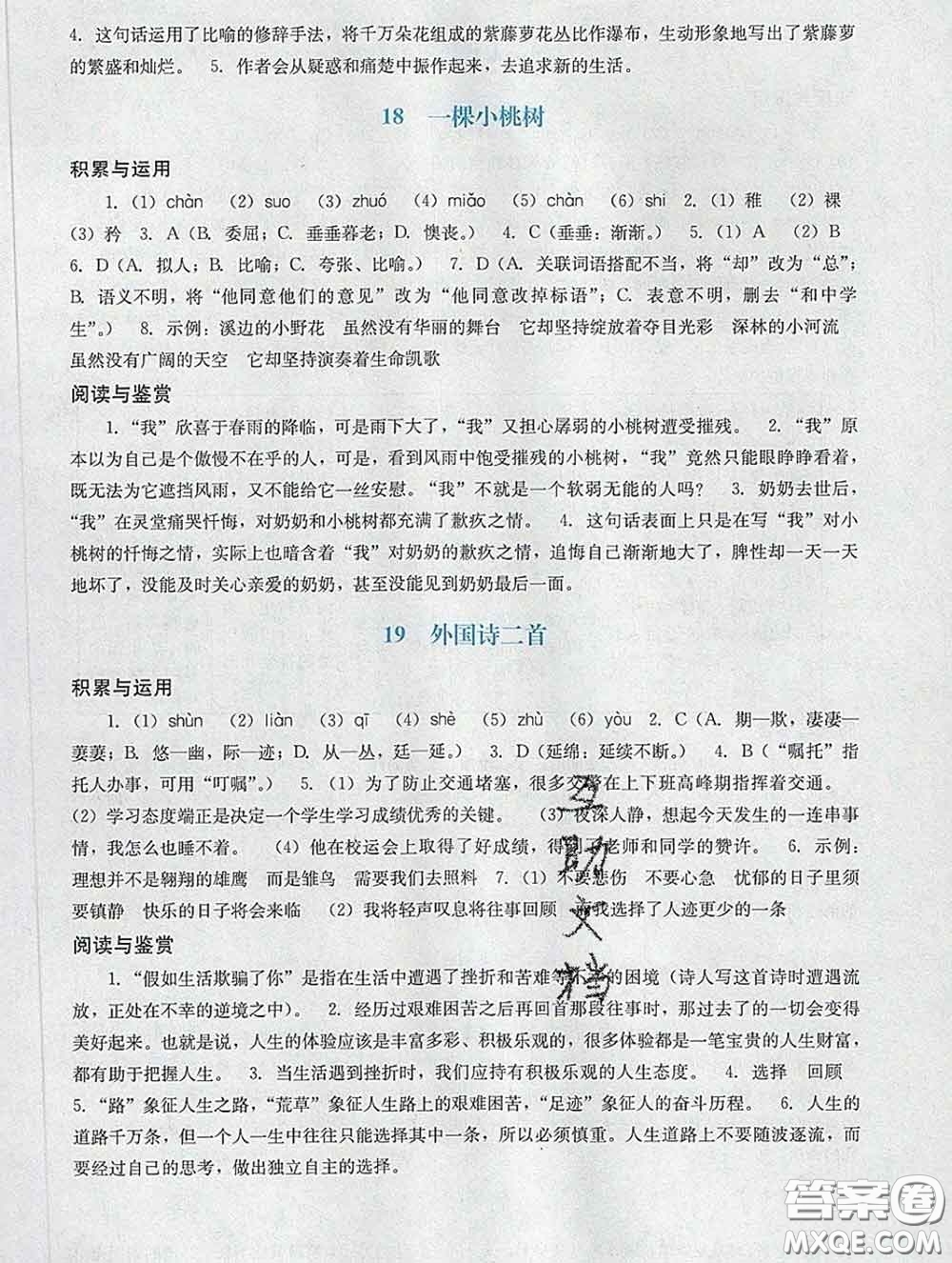 2020新版陽(yáng)光學(xué)業(yè)評(píng)價(jià)七年級(jí)語(yǔ)文下冊(cè)人教版參考答案