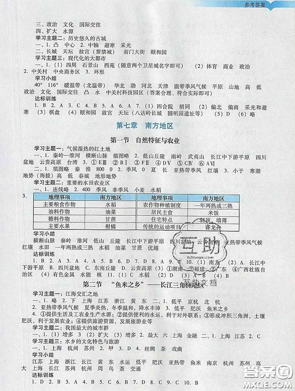 2020新版陽光學(xué)業(yè)評價八年級地理下冊人教版參考答案