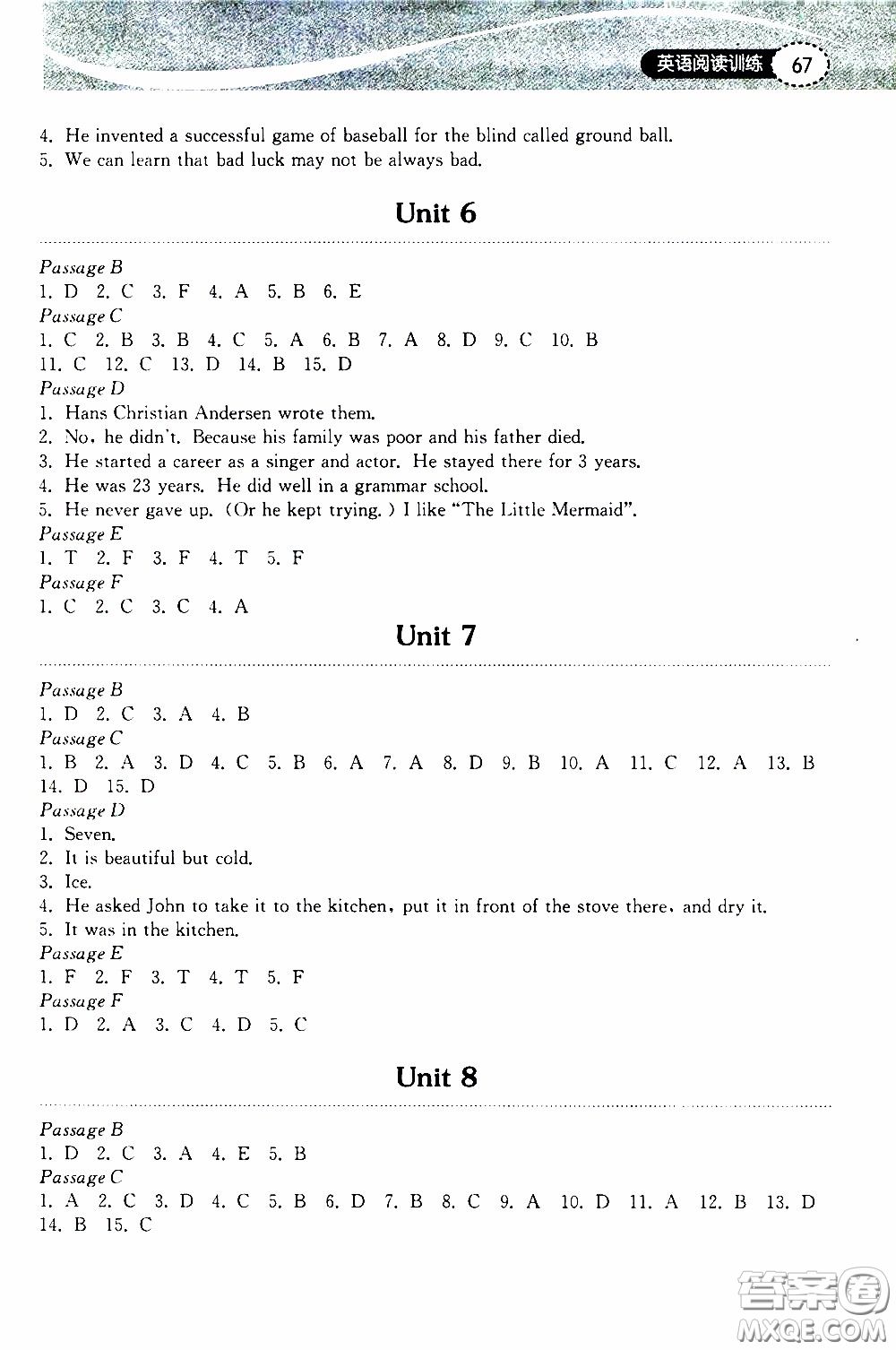 2020年長江作業(yè)本初中英語閱讀訓(xùn)練八年級(jí)下冊(cè)人教版參考答案