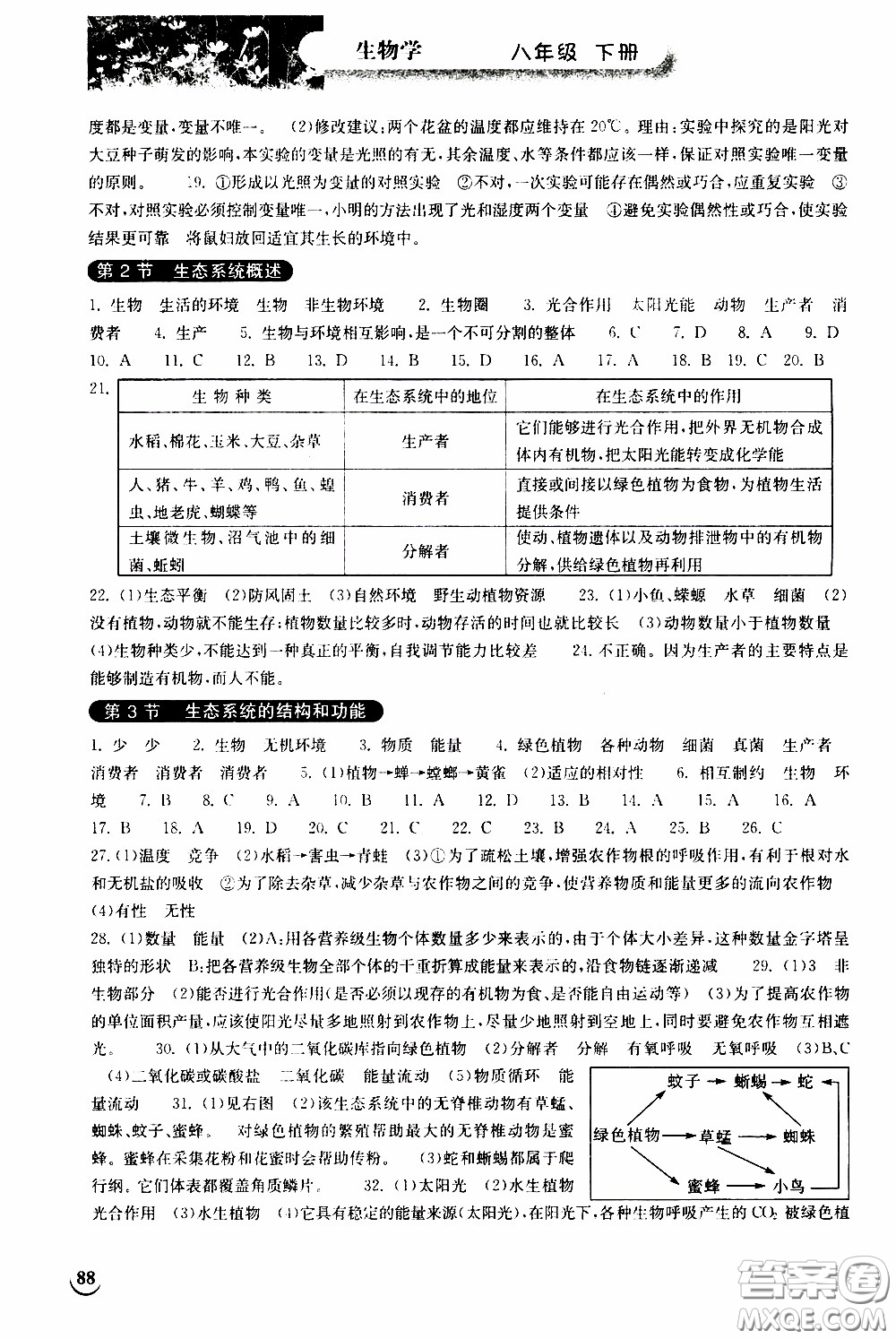 2020年長江作業(yè)本同步練習(xí)生物學(xué)八年級下冊北師大版參考答案