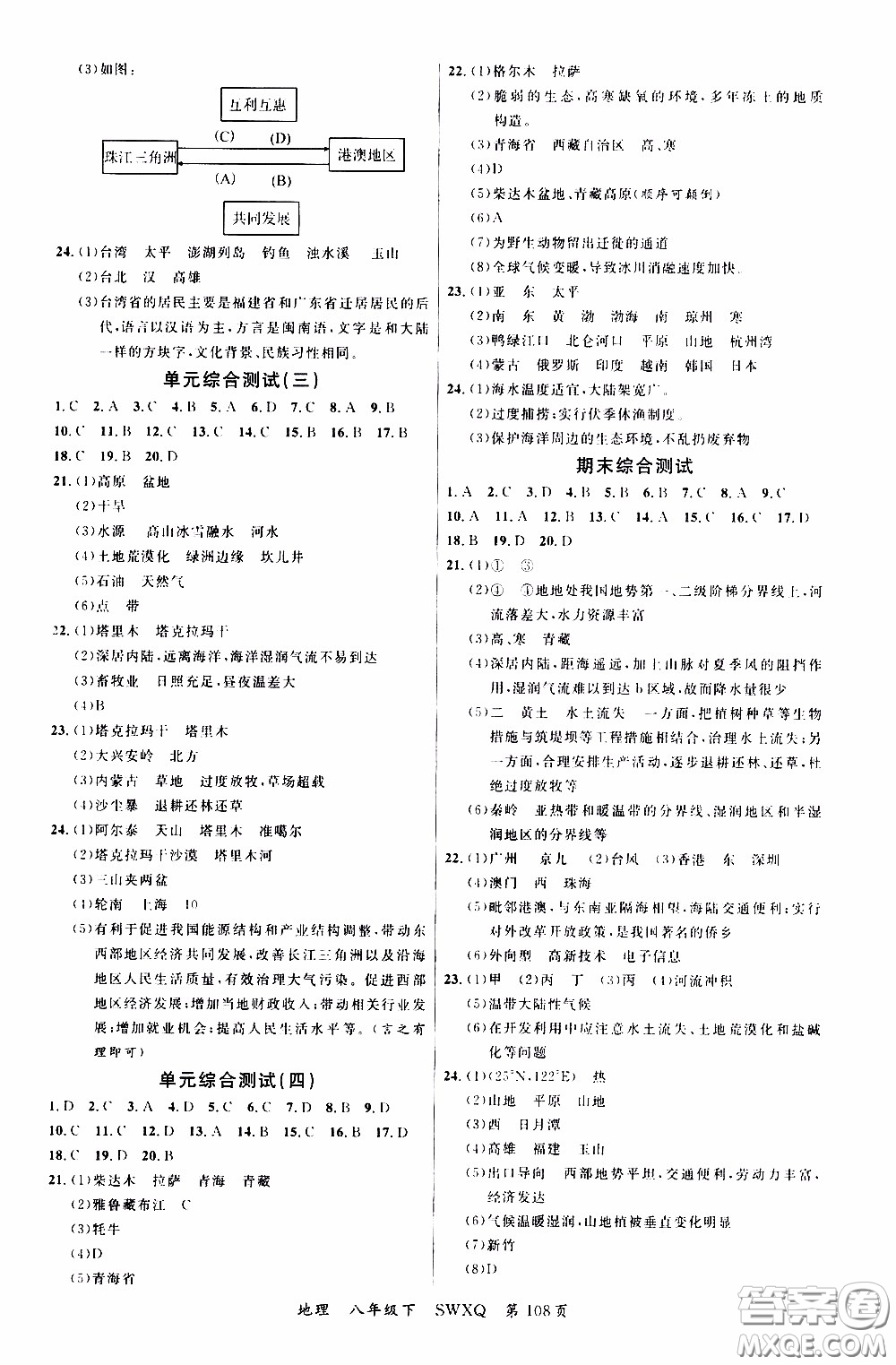 2020年學(xué)生課程精巧訓(xùn)練課堂創(chuàng)新學(xué)練測地理八年級下XQ星球版參考答案