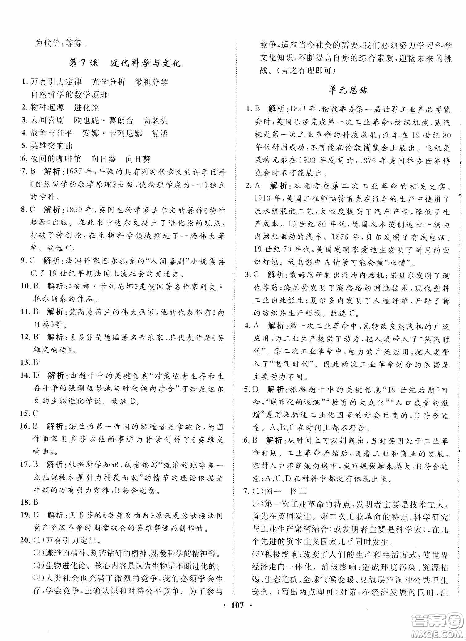 河北人民出版社2020同步訓(xùn)練九年級世界歷史下冊人教版答案