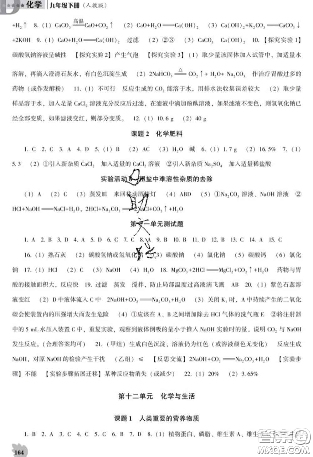 2020新版新課程化學能力培養(yǎng)九年級化學下冊人教版D版答案