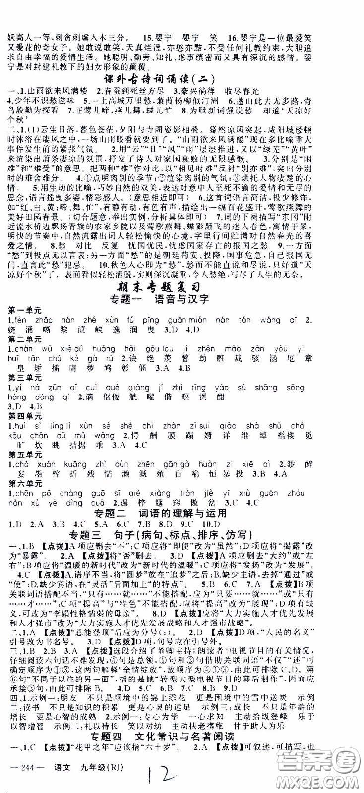 2020年學(xué)生課程精巧訓(xùn)練課堂創(chuàng)新學(xué)練測(cè)語(yǔ)文九年級(jí)下RJ人教版參考答案