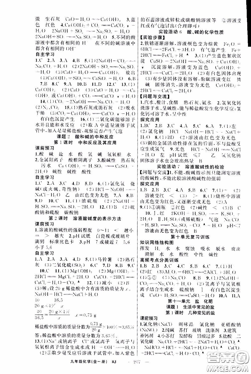 2020年學生課程精巧訓練課堂創(chuàng)新學練測化學九年級下RJ人教版參考答案