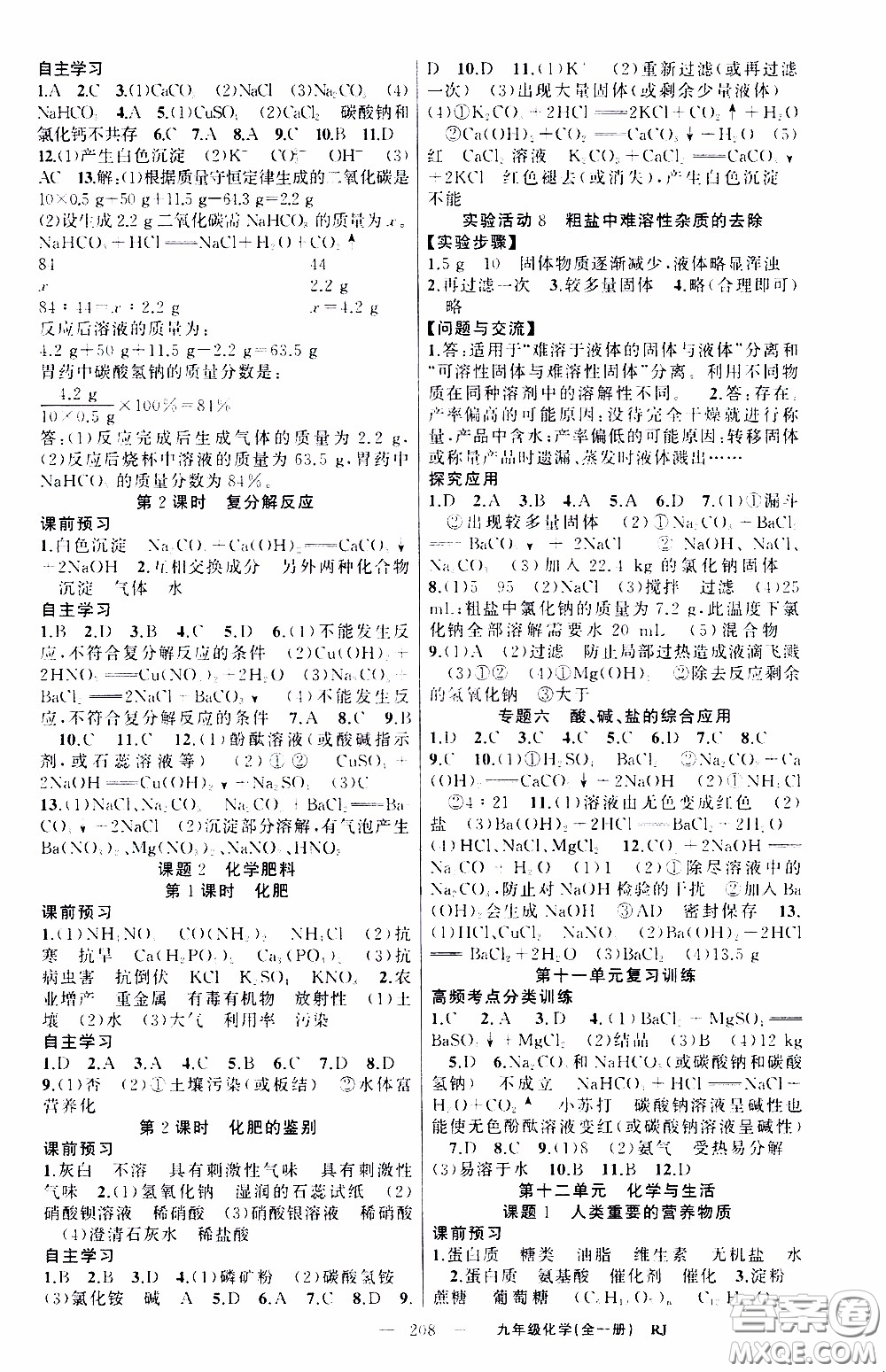 2020年學生課程精巧訓練課堂創(chuàng)新學練測化學九年級下RJ人教版參考答案