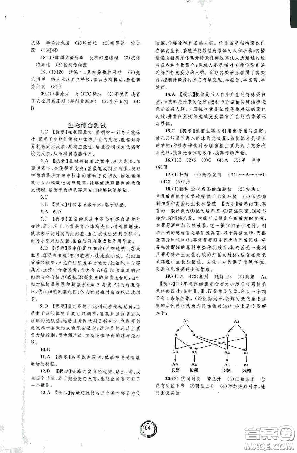 廣西教育出版社2020中考先鋒中考總復(fù)習配套測試卷生物課標版C答案