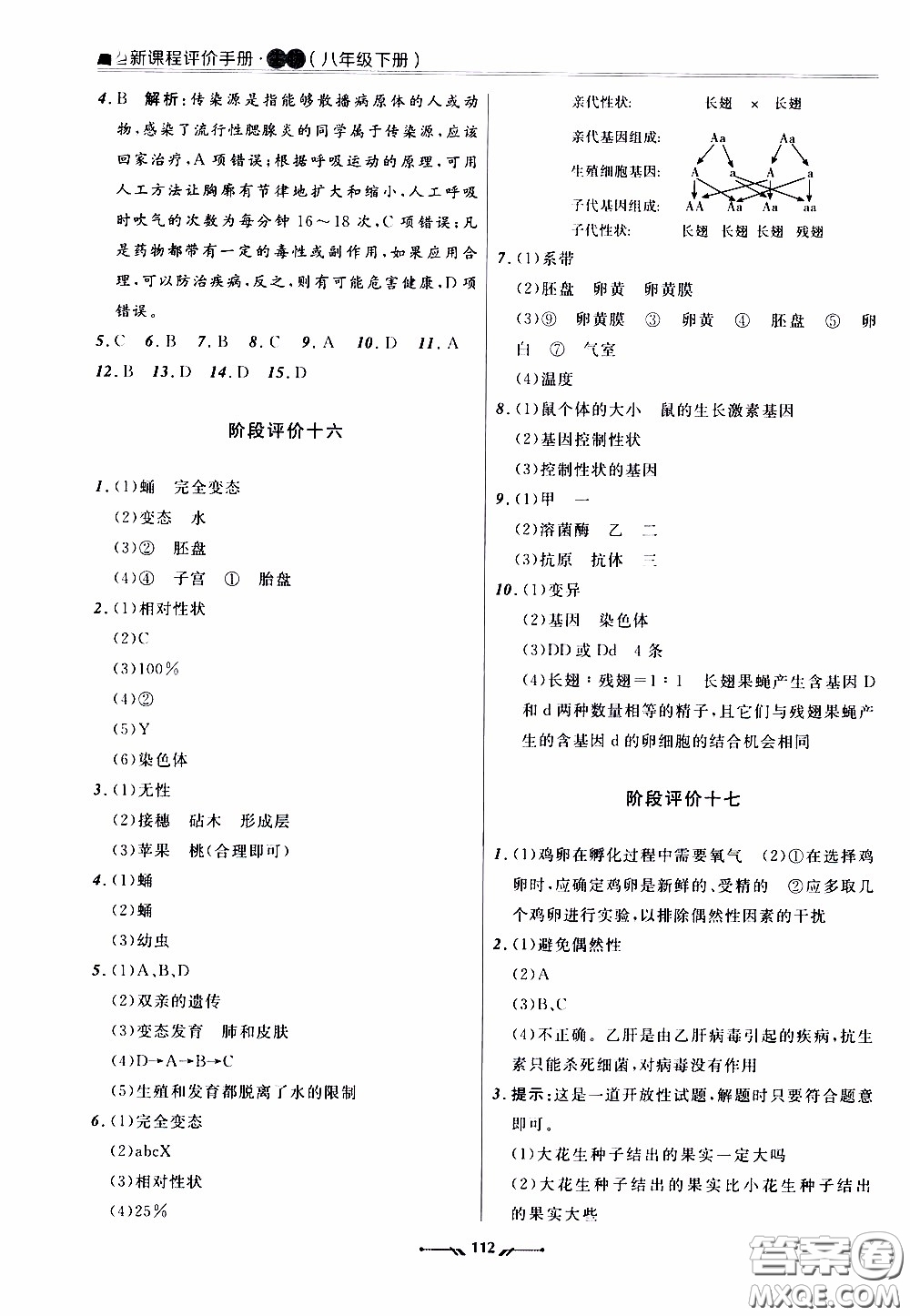 遼寧師范大學(xué)出版社2021新課程評價(jià)手冊八年級生物下冊人教版答案