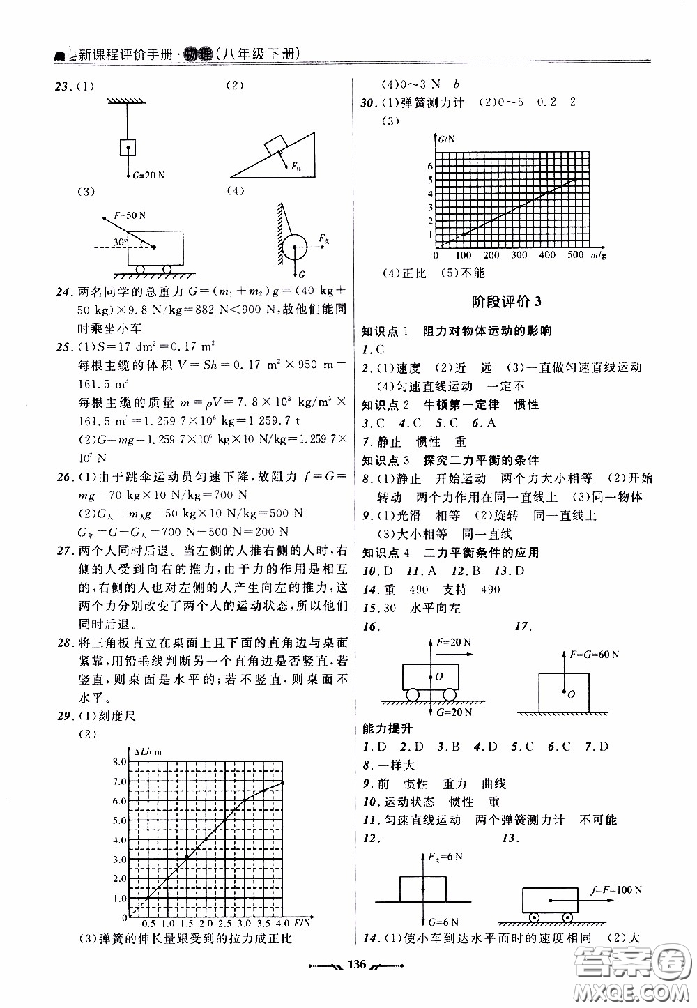 2020年新課程評價手冊物理八年級下冊人教版參考答案