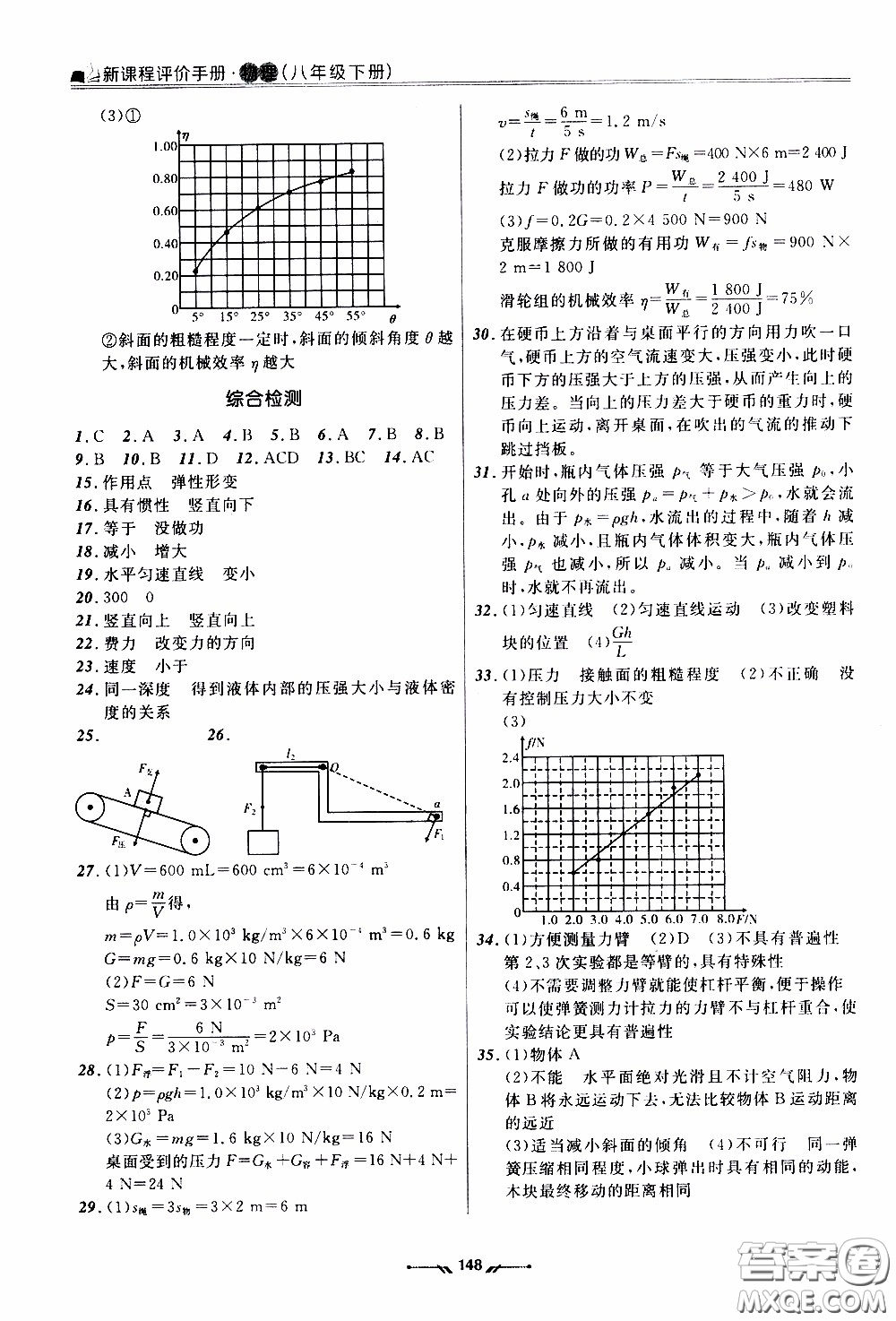 2020年新課程評價手冊物理八年級下冊人教版參考答案