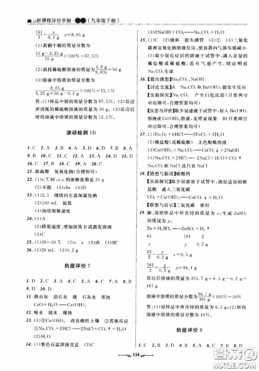 遼寧師范大學(xué)出版社2021新課程評價手冊九年級化學(xué)下冊答案