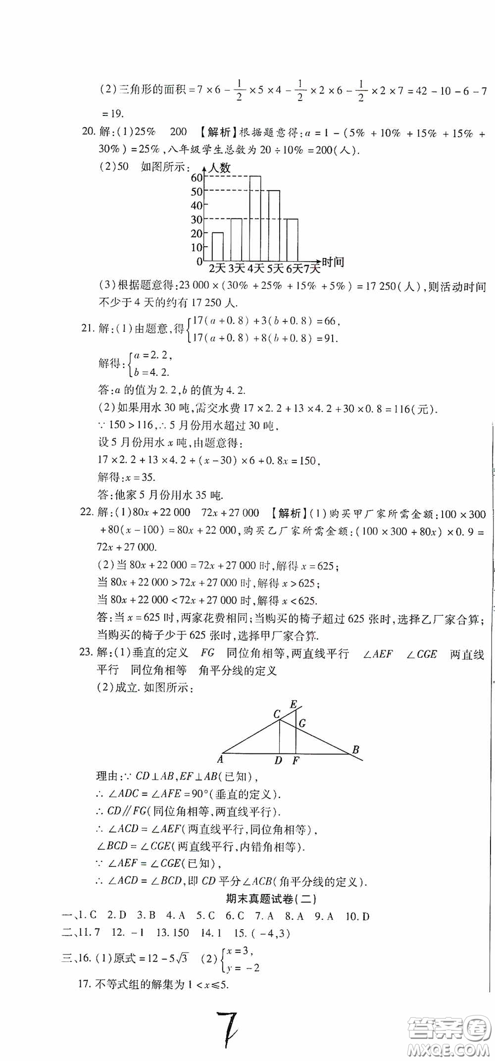 全程測評試卷2020期末復習大沖刺數學七年級下冊答案