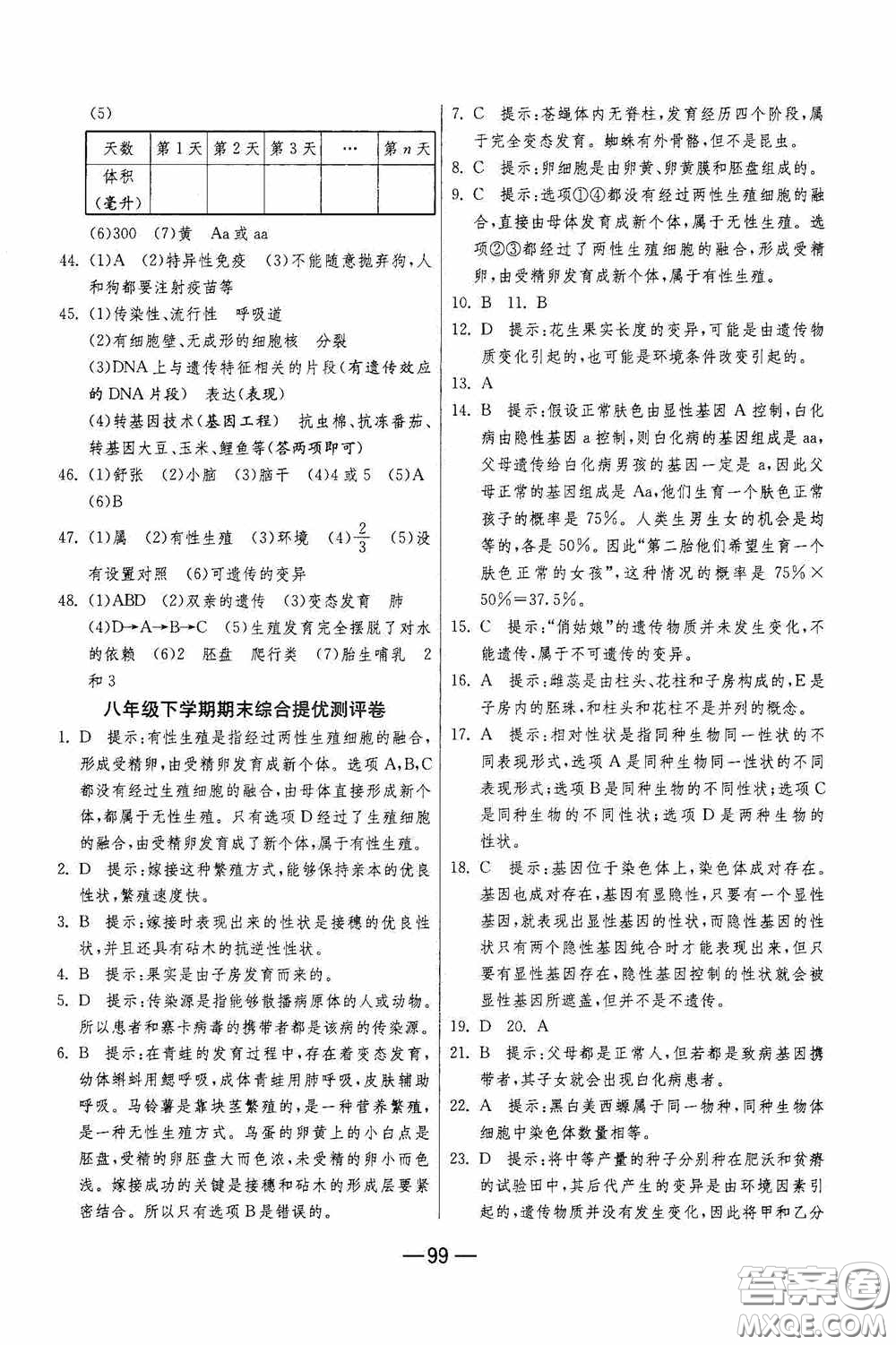 江蘇人民出版社2020期末闖關(guān)沖刺100分八年級(jí)生物學(xué)下冊(cè)人民教育RMJY版答案