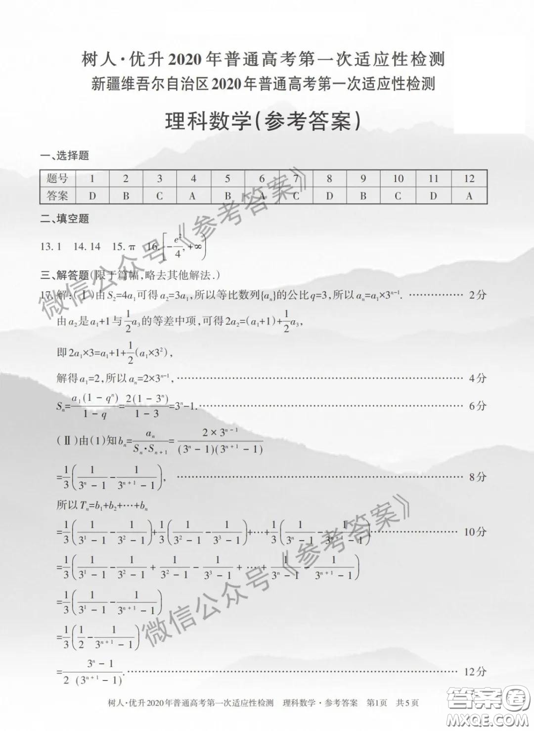 2020年新疆普通高考第一次適應(yīng)性檢測理科數(shù)學(xué)答案