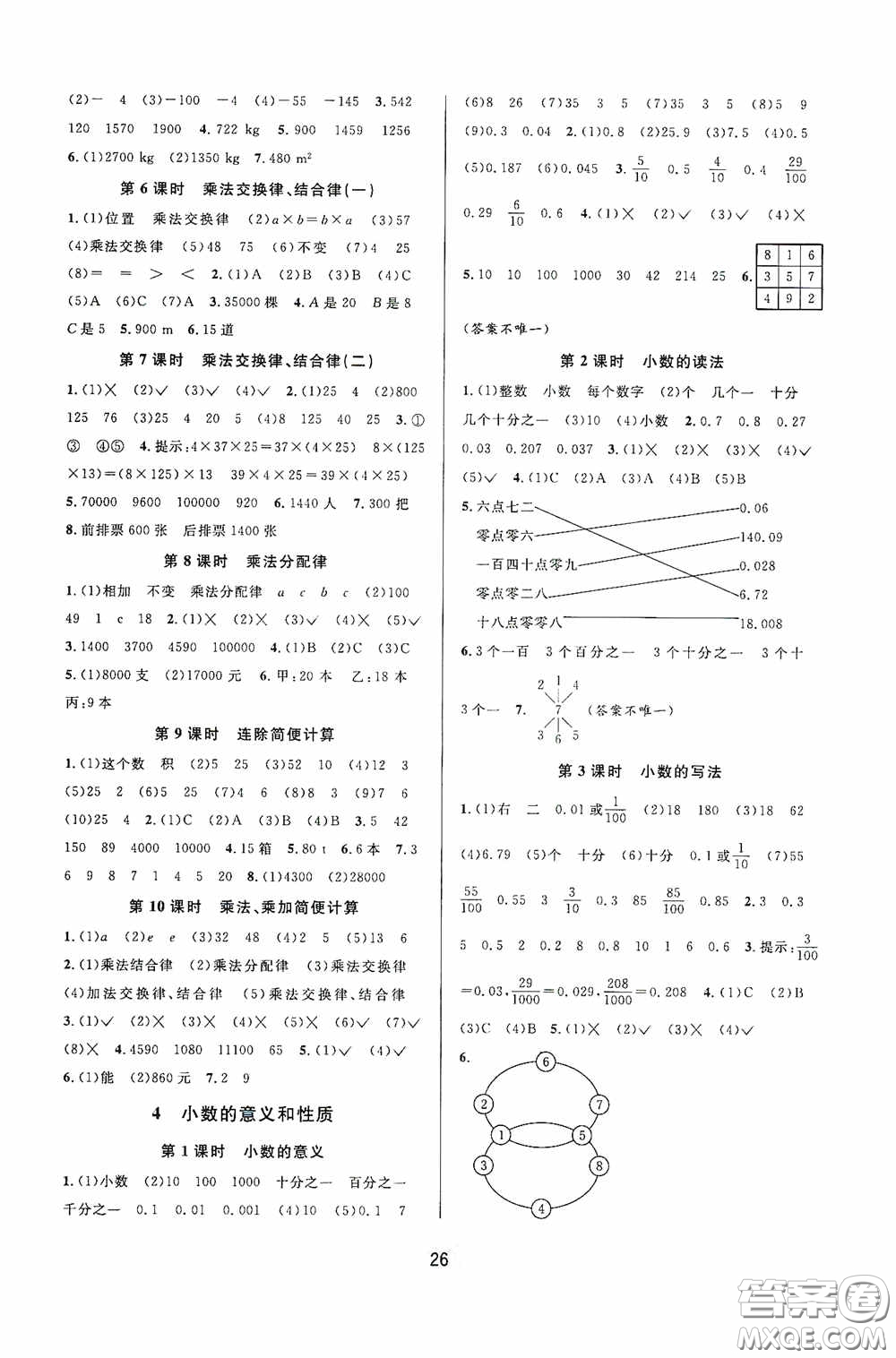 河海大學(xué)出版社2020同步特訓(xùn)小博士四年級數(shù)學(xué)人教版下冊答案