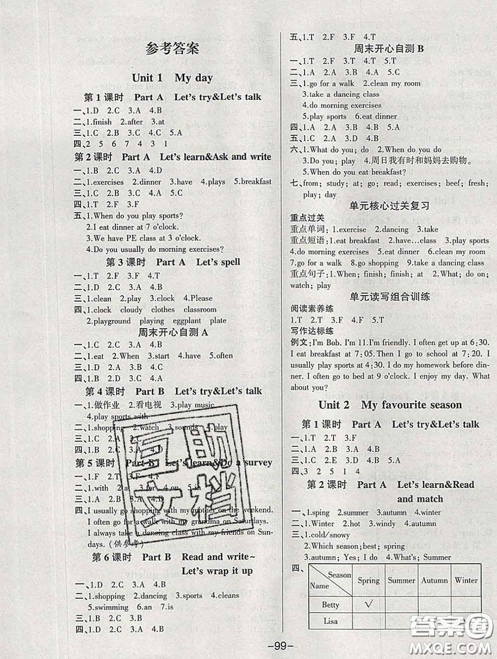 2020新版A+優(yōu)化作業(yè)本五年級英語下冊人教版參考答案