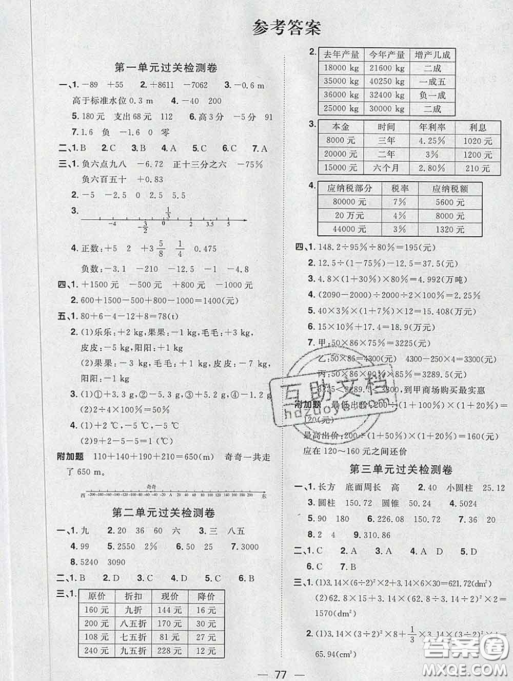 2020新版陽光同學(xué)一線名師全優(yōu)好卷六年級數(shù)學(xué)下冊人教版廣東專版答案