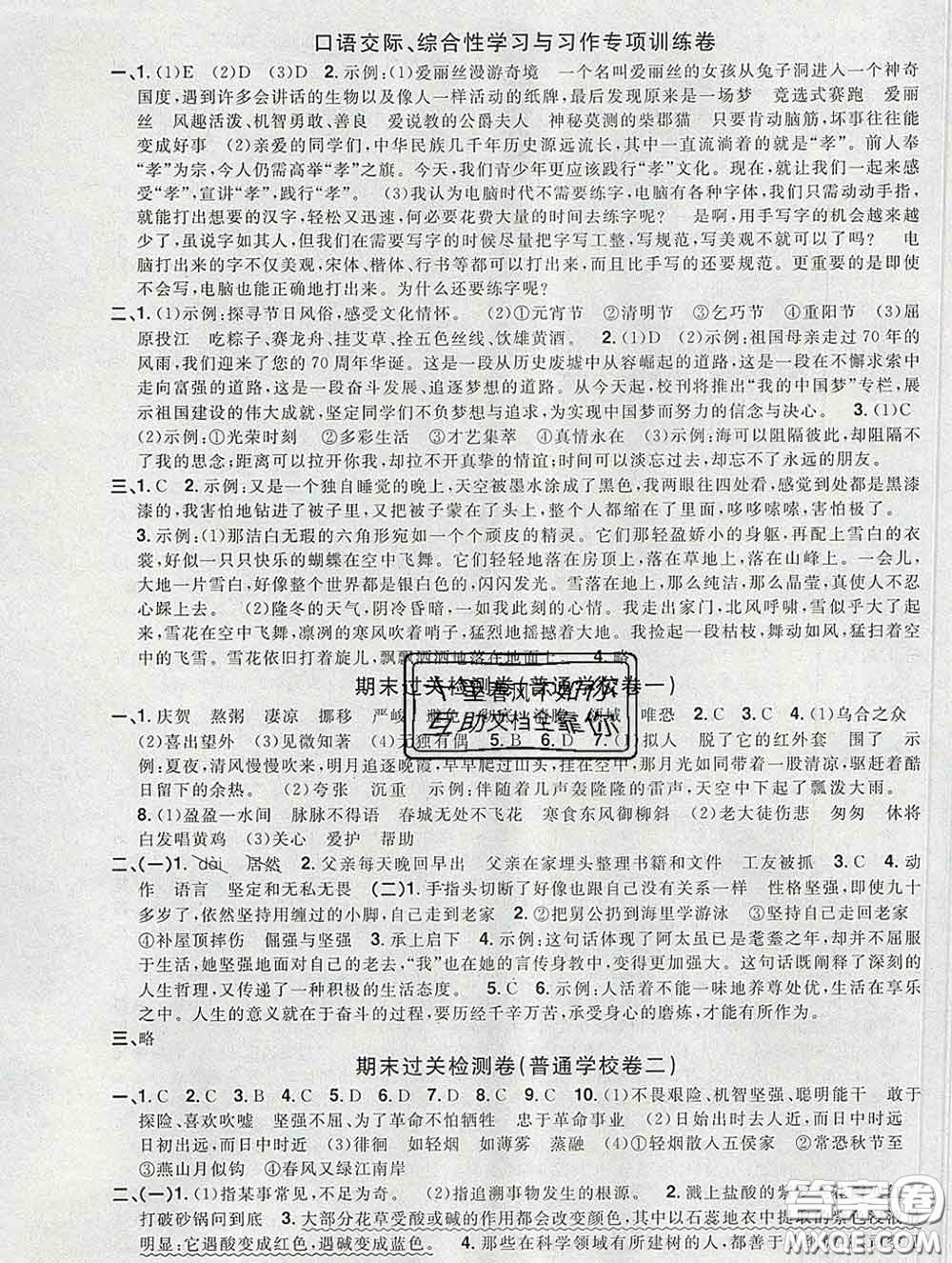 2020新版陽光同學一線名師全優(yōu)好卷六年級語文下冊人教版廣東專版答案