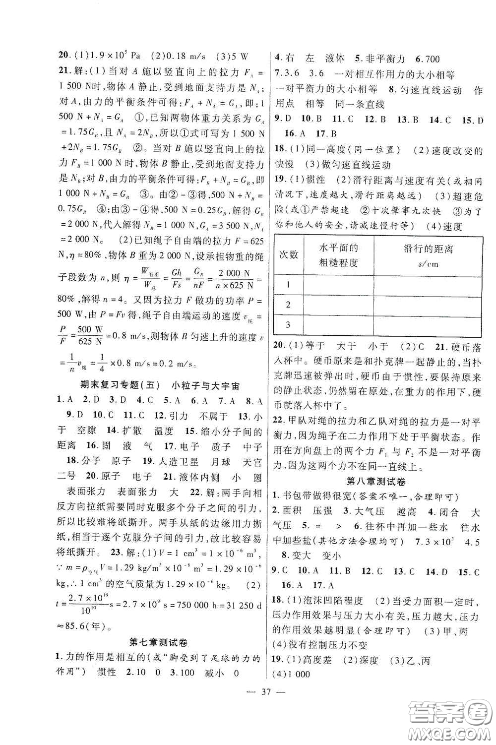 合肥大學出版社2020全頻道課時作業(yè)八年級物理下冊滬科版答案