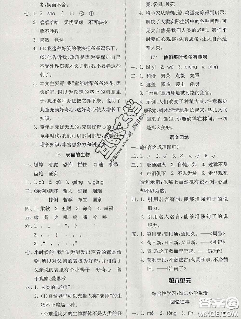 2020新版同步精練六年級語文下冊人教版參考答案