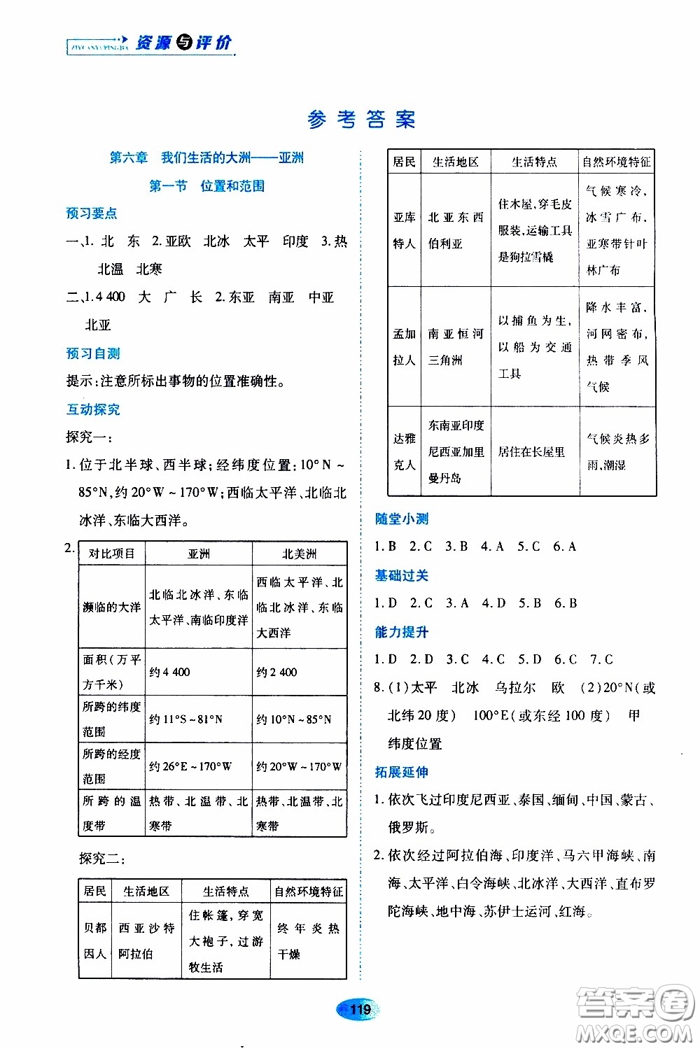 黑龍江教育出版社2020年資源與評價地理七年級下冊人教版參考答案