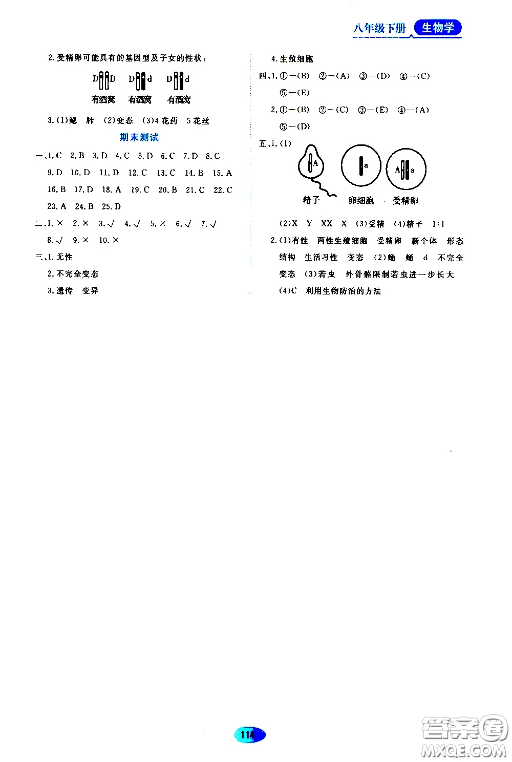 黑龍江教育出版社2020年資源與評價生物學八年級下冊人教版參考答案