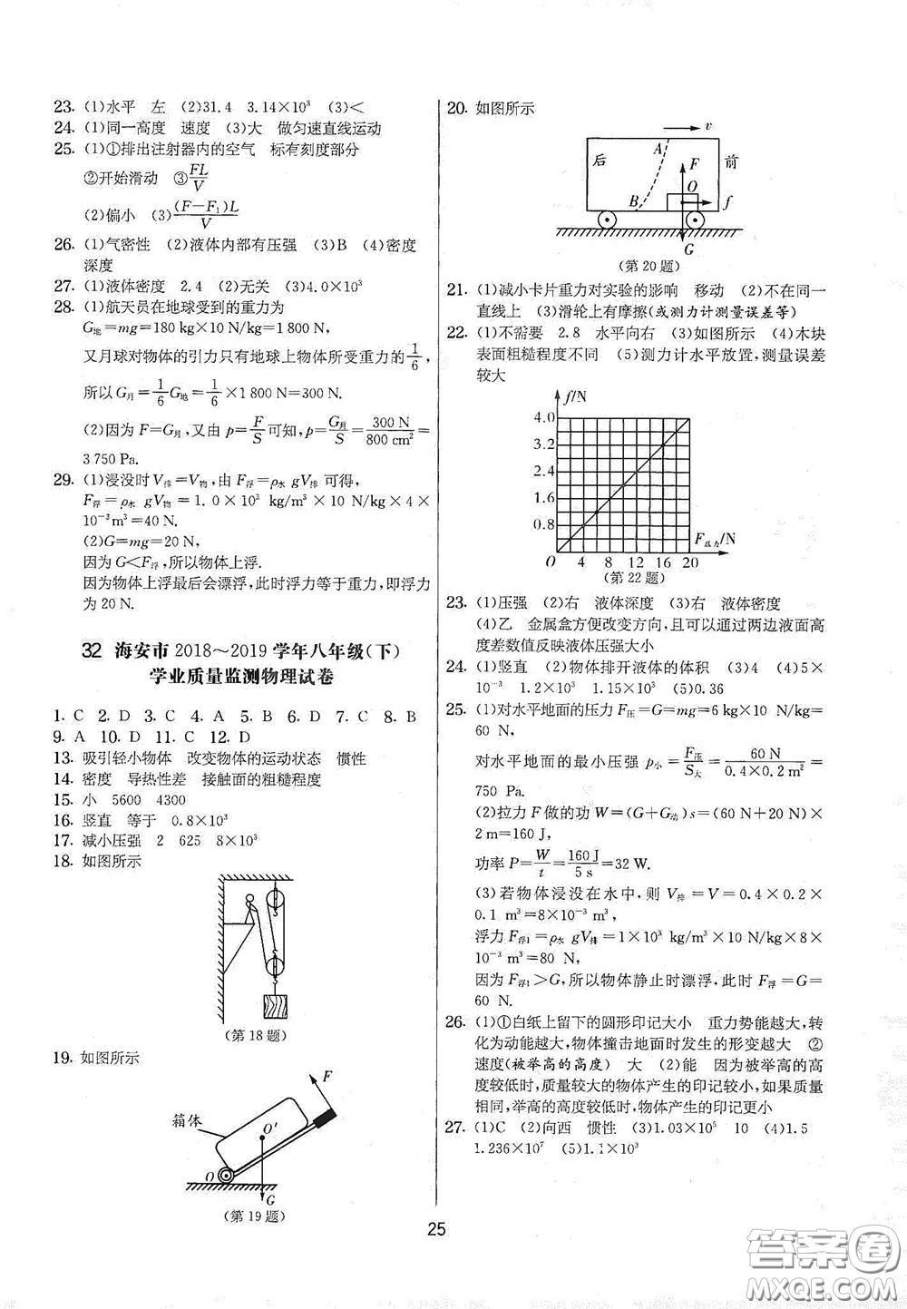 吉林教育出版社2020實(shí)驗(yàn)班提優(yōu)大考卷八年級(jí)物理下冊(cè)蘇科版答案