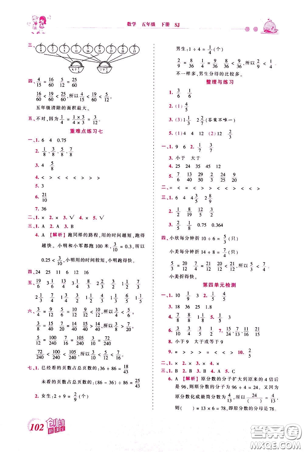 2020年王朝霞創(chuàng)維新課堂同步優(yōu)化訓練數(shù)學五年級下冊SJ蘇教版參考答案