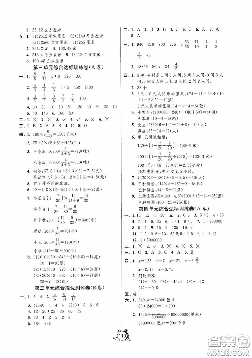 江蘇人民出版社2020提優(yōu)名卷六年級(jí)數(shù)學(xué)下冊(cè)蘇教版答案