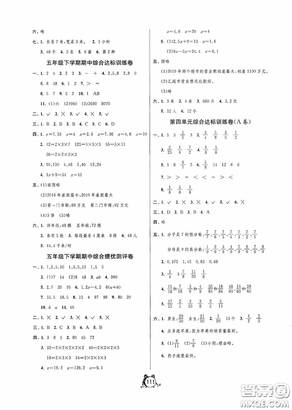 江蘇人民出版社2020提優(yōu)名卷五年級數(shù)學(xué)下冊蘇教版答案