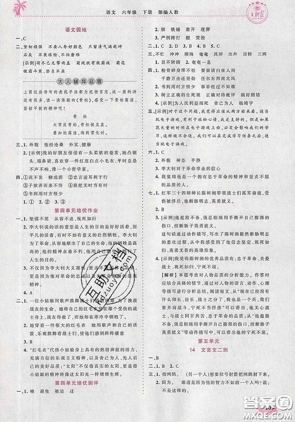 2020新版王朝霞德才兼?zhèn)渥鳂I(yè)創(chuàng)新設計六年級語文下冊人教版答案