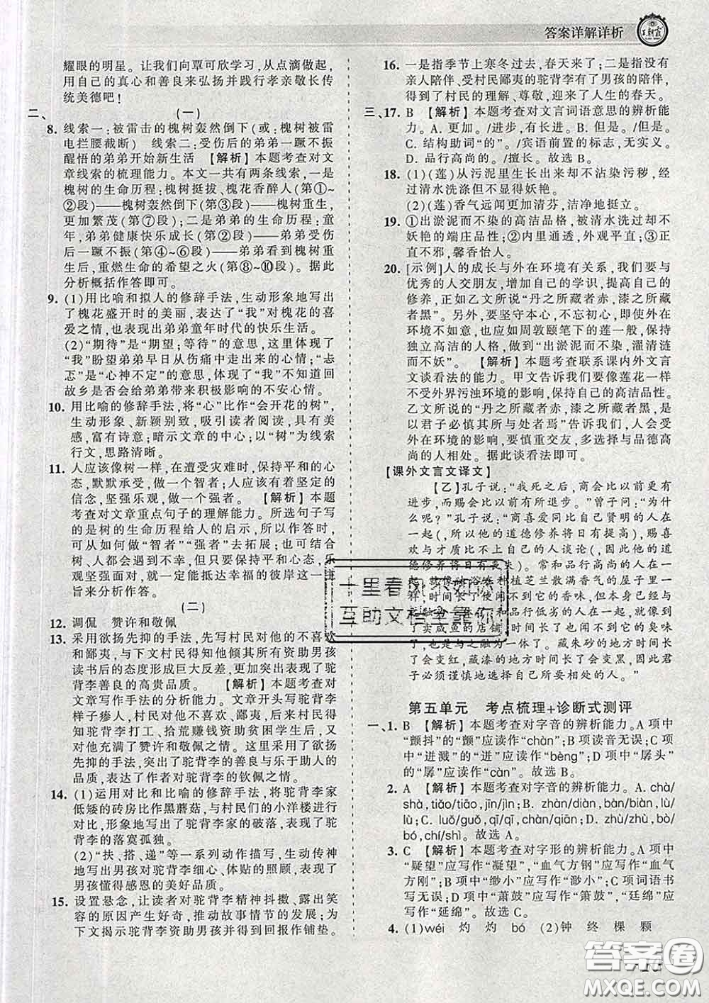 2020新版王朝霞考點梳理時習(xí)卷七年級語文下冊人教版答案