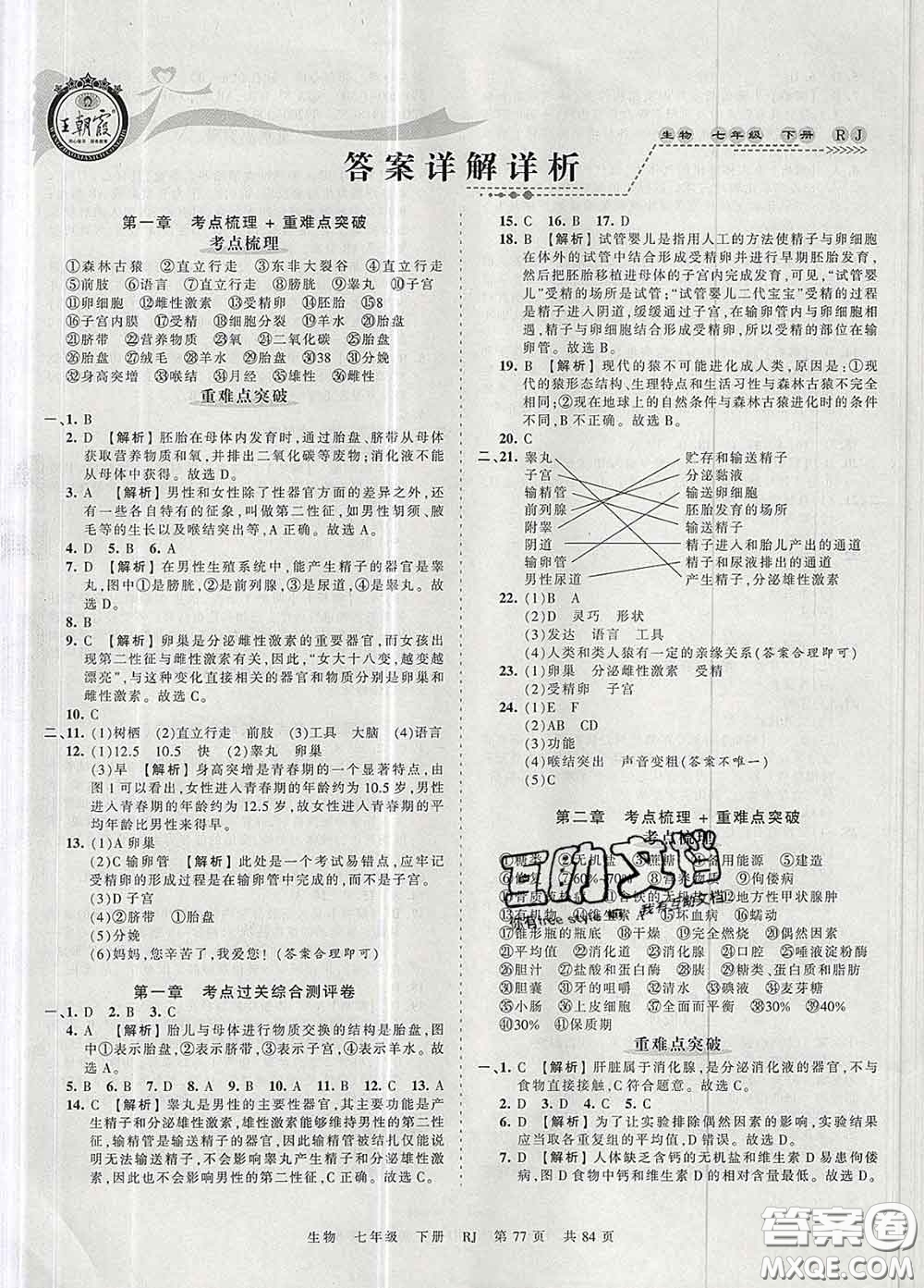 2020新版王朝霞考點梳理時習(xí)卷七年級生物下冊人教版答案