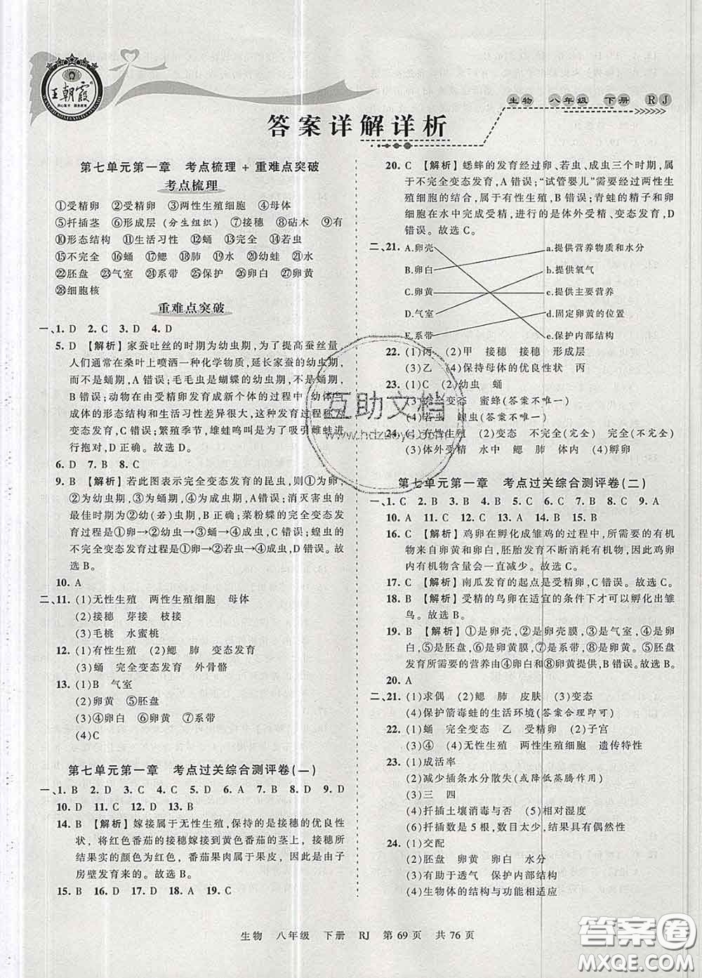 2020新版王朝霞考點梳理時習卷八年級生物下冊人教版答案