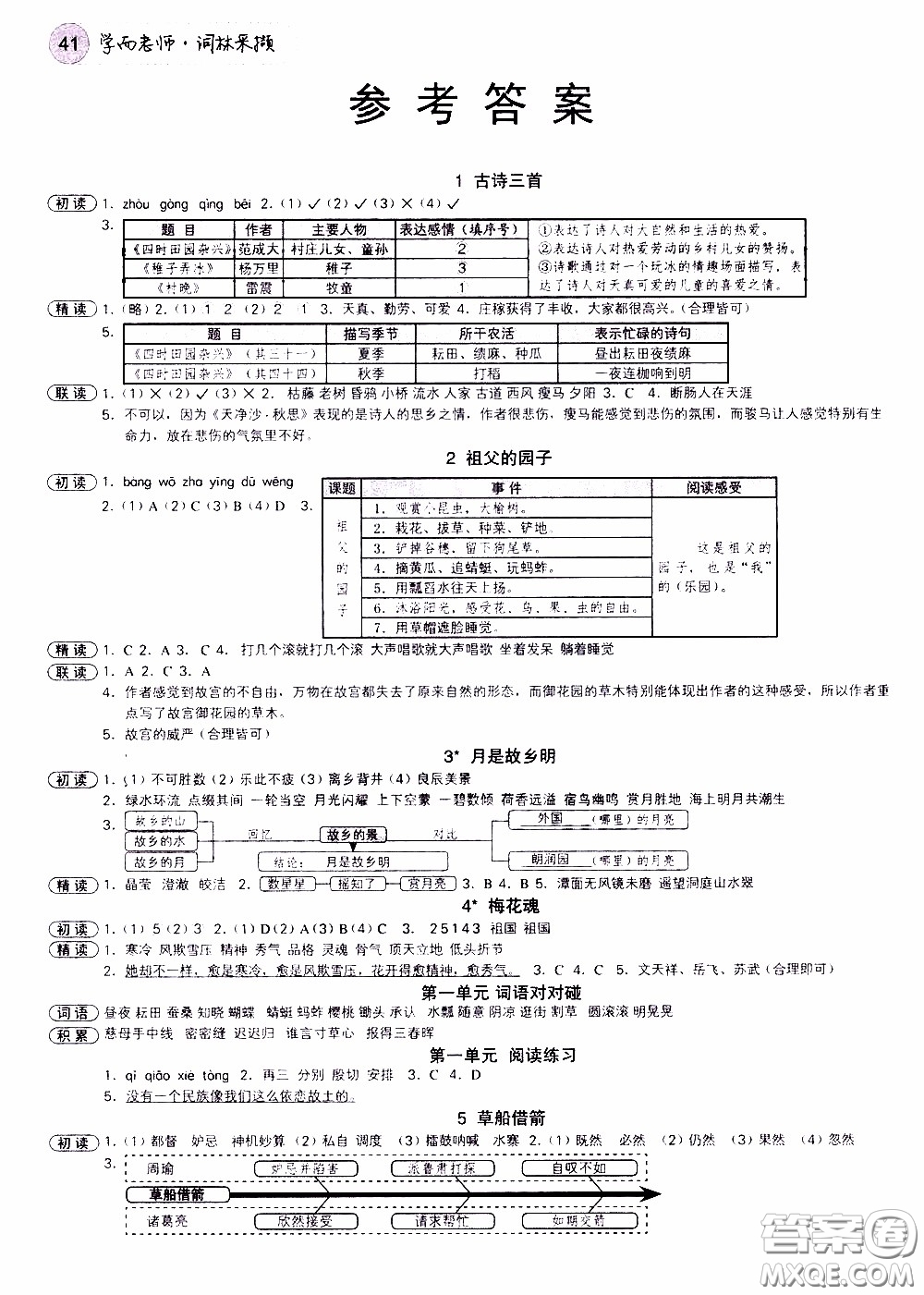 欣語文化2020年學(xué)而老師詞林采擷五年級下冊語文參考答案