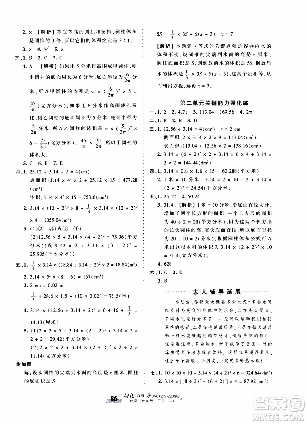 2020年王朝霞培優(yōu)100分數(shù)學六年級下冊SJ蘇教版參考答案