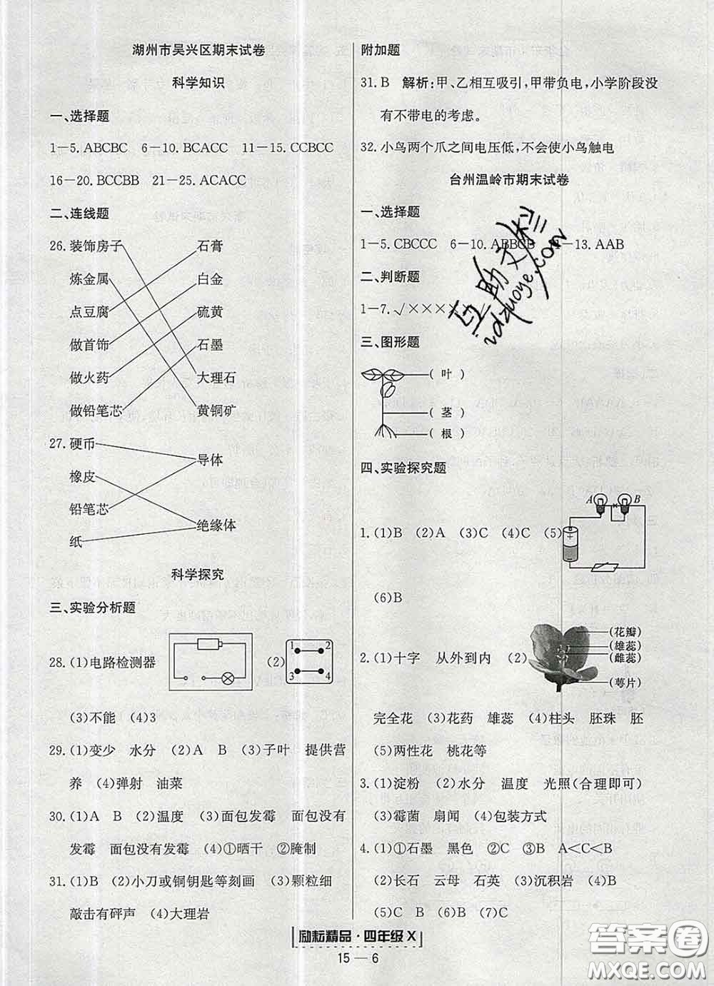 2020春勵耘書業(yè)浙江期末四年級科學下冊教科版答案