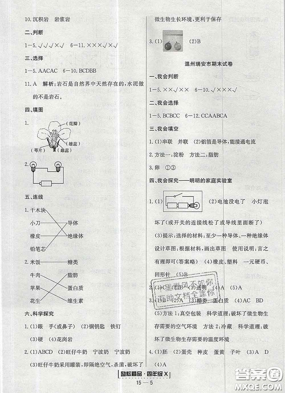 2020春勵耘書業(yè)浙江期末四年級科學下冊教科版答案