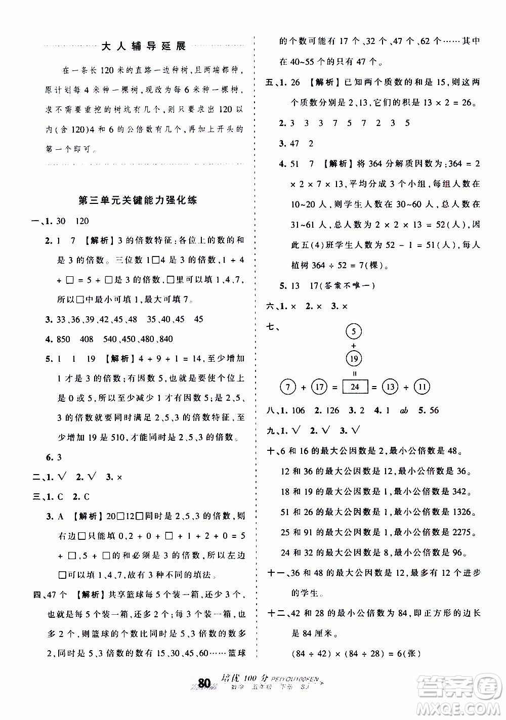 2020年王朝霞培優(yōu)100分?jǐn)?shù)學(xué)五年級下冊SJ蘇教版參考答案