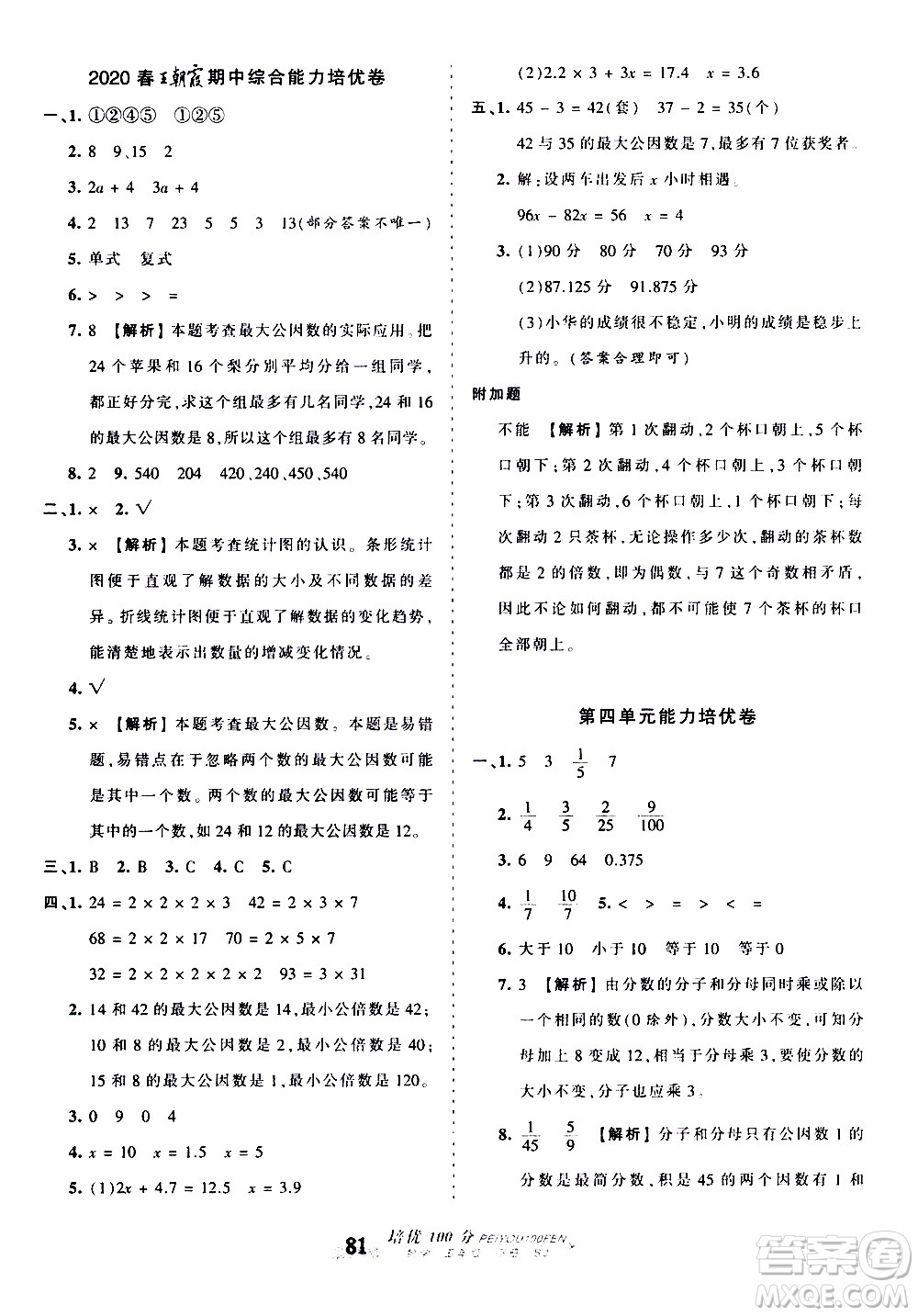 2020年王朝霞培優(yōu)100分?jǐn)?shù)學(xué)五年級下冊SJ蘇教版參考答案