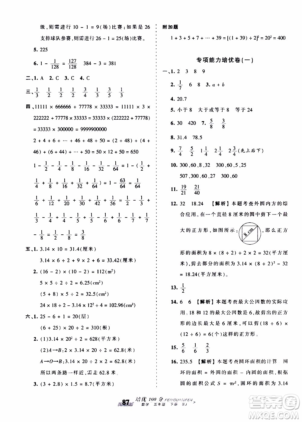 2020年王朝霞培優(yōu)100分?jǐn)?shù)學(xué)五年級下冊SJ蘇教版參考答案