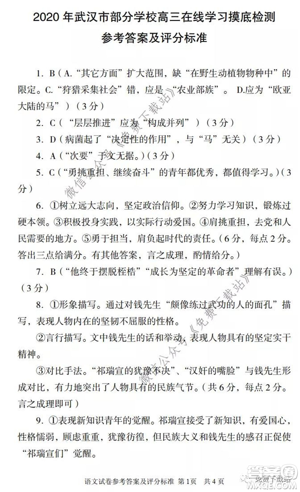 2020年武漢市部分學(xué)校高三在線學(xué)習(xí)摸底檢測(cè)語(yǔ)文試題及答案