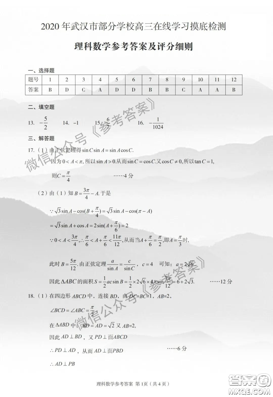 2020年武漢市部分學(xué)校高三在線學(xué)習(xí)摸底檢測理科數(shù)學(xué)答案