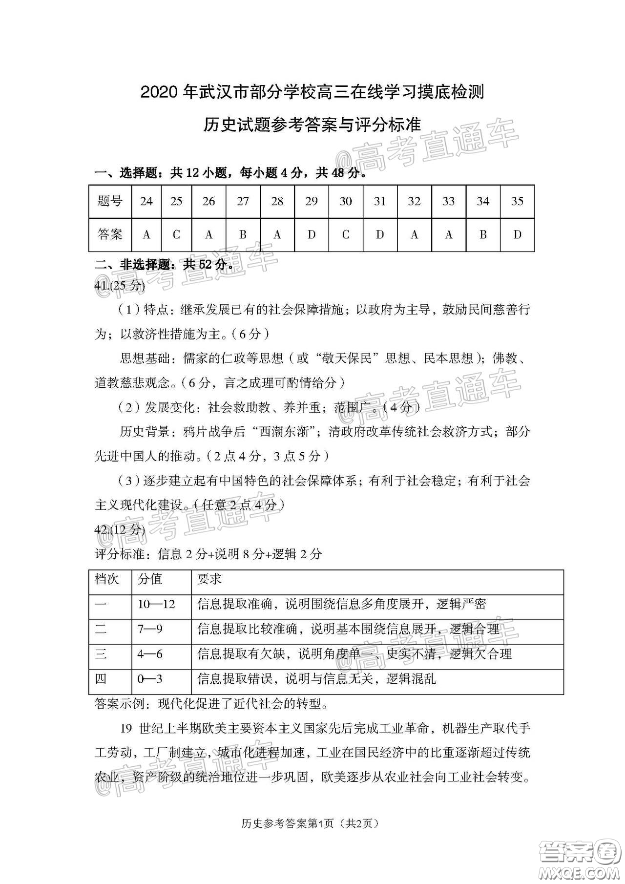 2020年武漢市部分學校高三在線學習摸底檢測文科綜合試題及答案