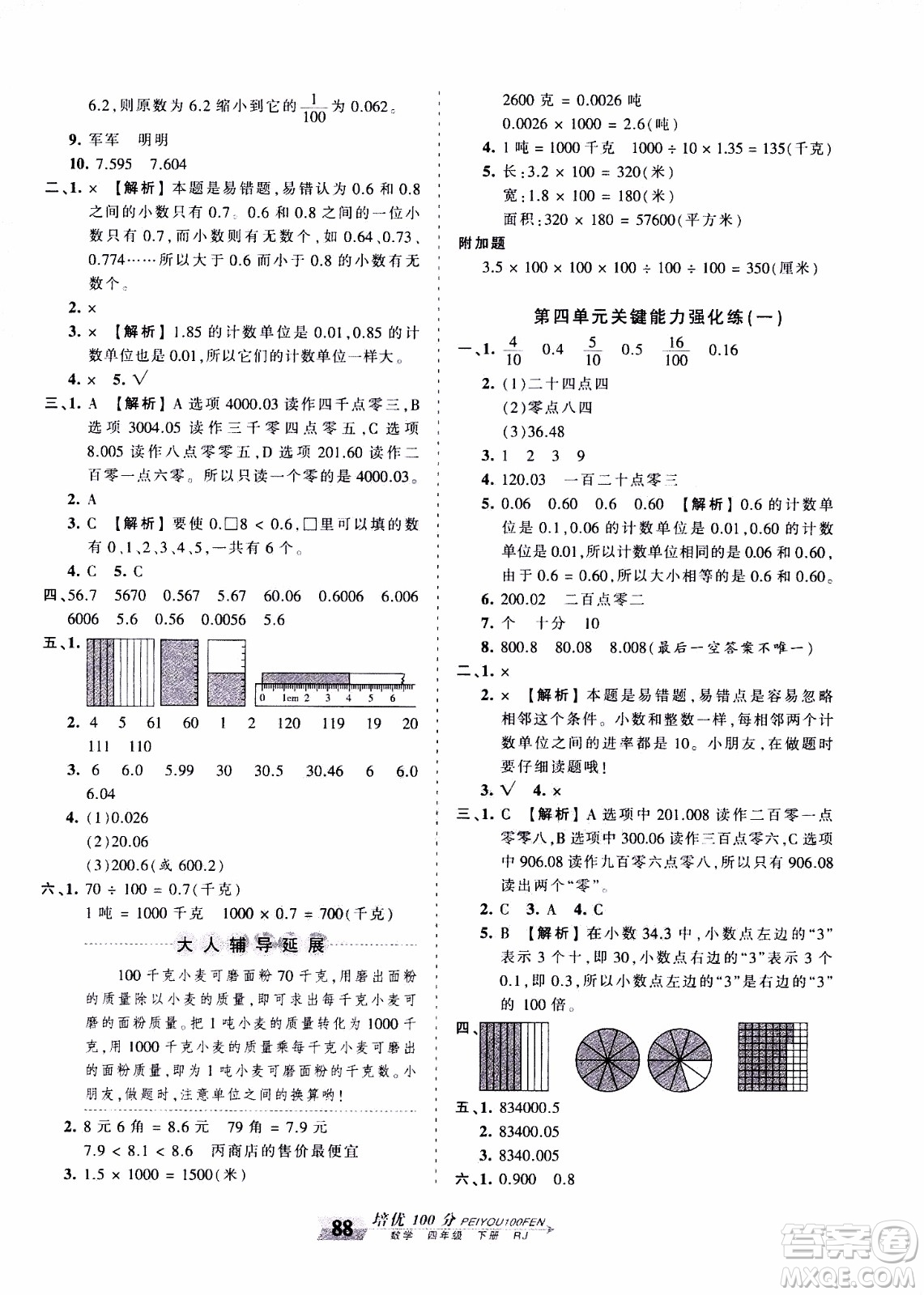 2020年王朝霞培優(yōu)100分數(shù)學(xué)四年級下冊RJ人教版參考答案