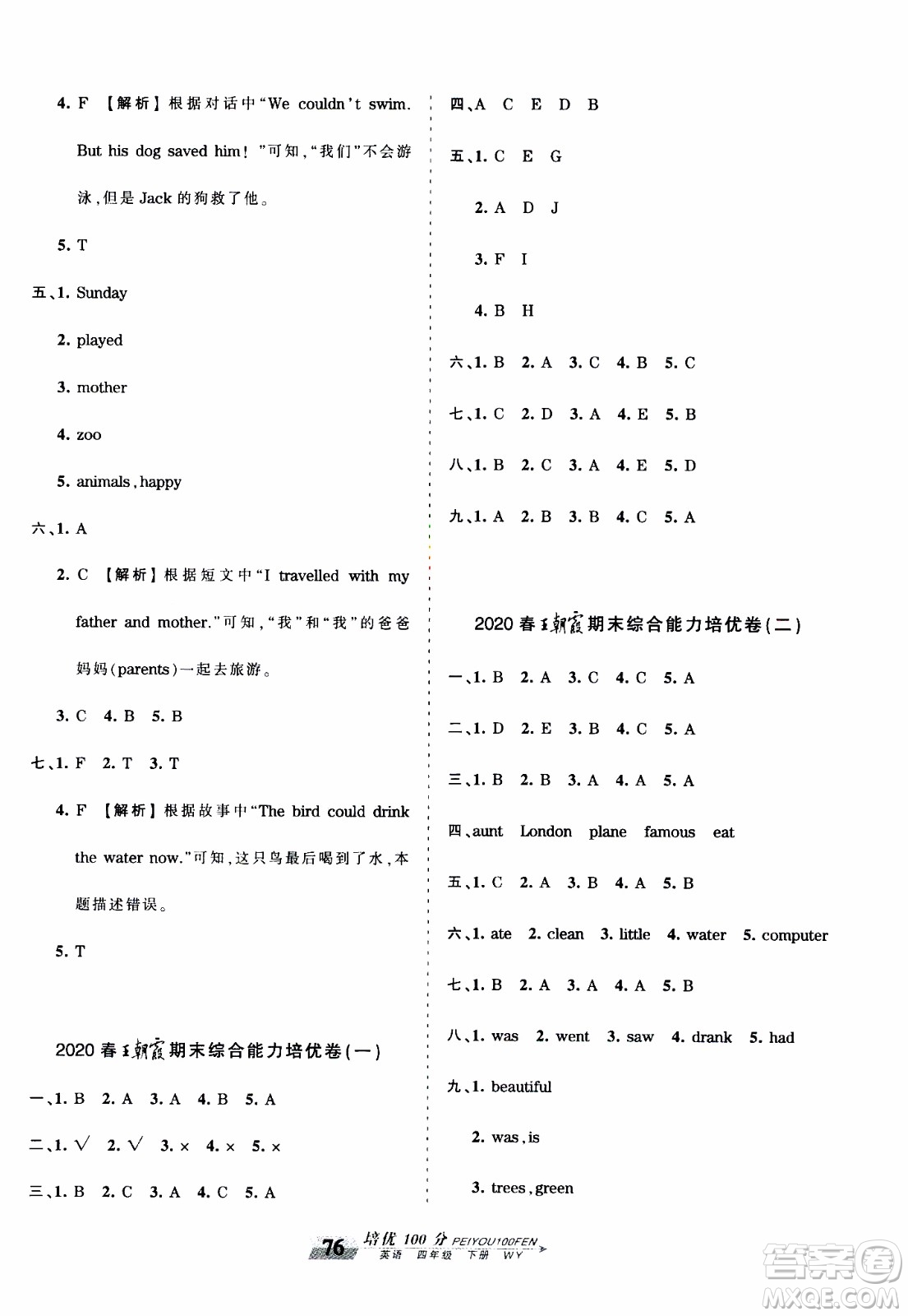 2020年王朝霞培優(yōu)100分英語四年級下冊WY外研版參考答案