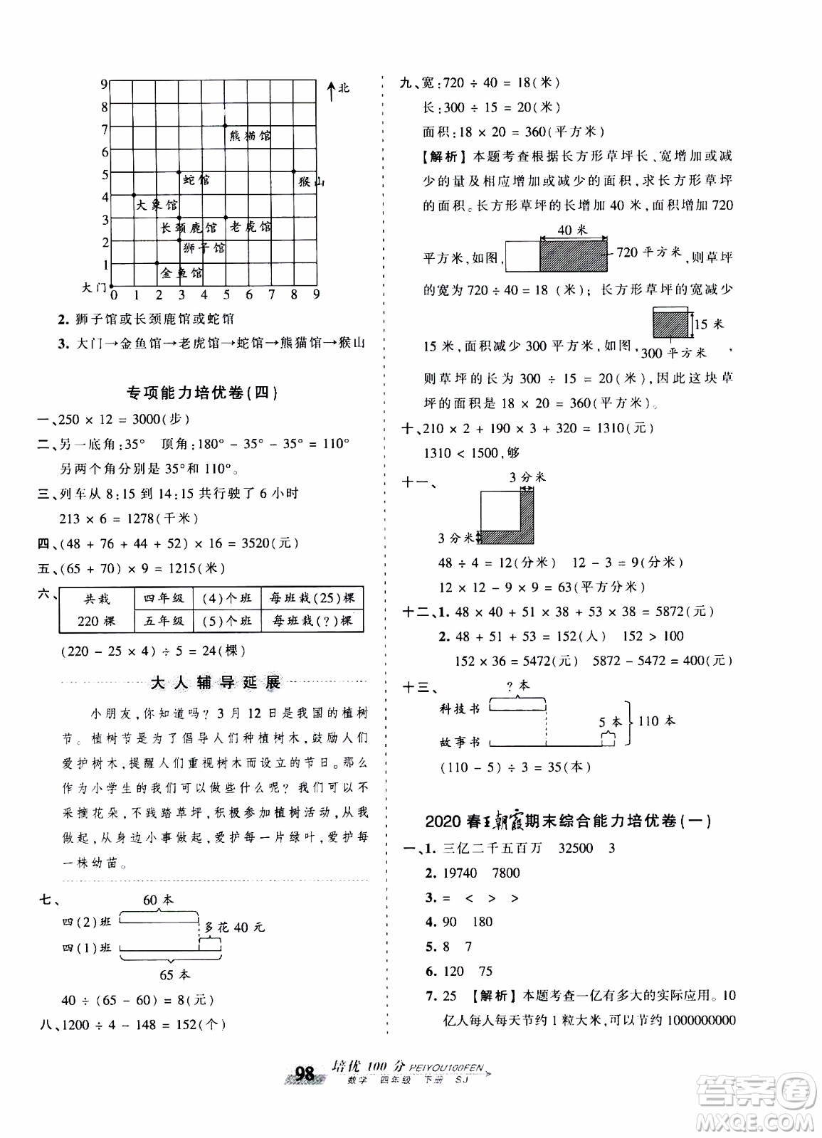 2020年王朝霞培優(yōu)100分數(shù)學(xué)四年級下冊SJ蘇教版參考答案