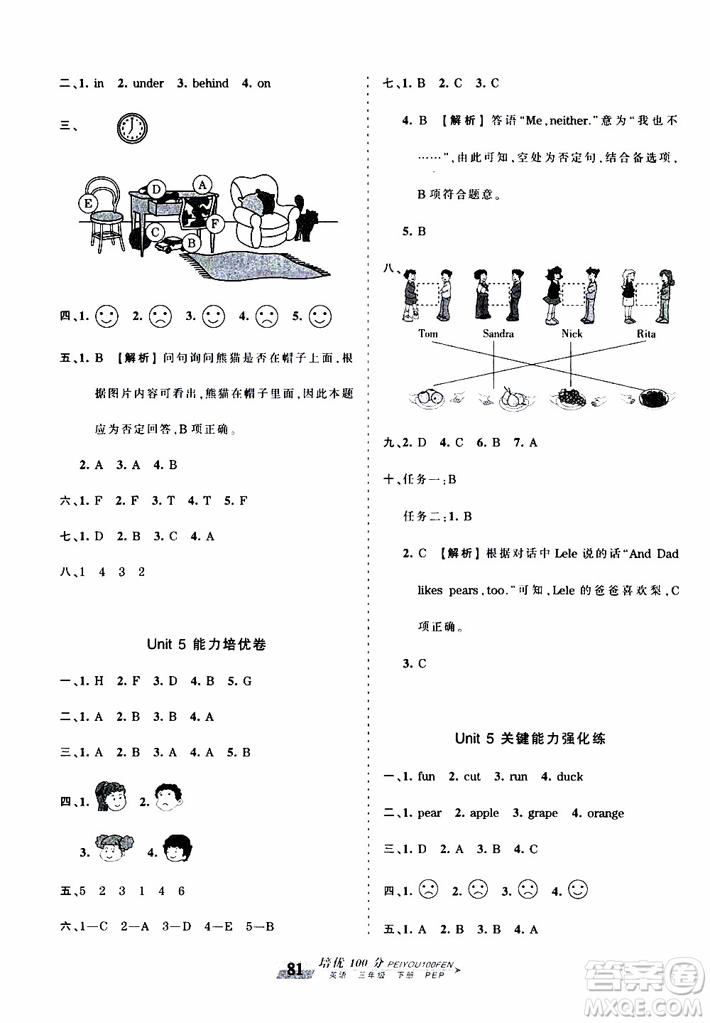 2020年王朝霞培優(yōu)100分英語三年級下冊PEP人教版參考答案