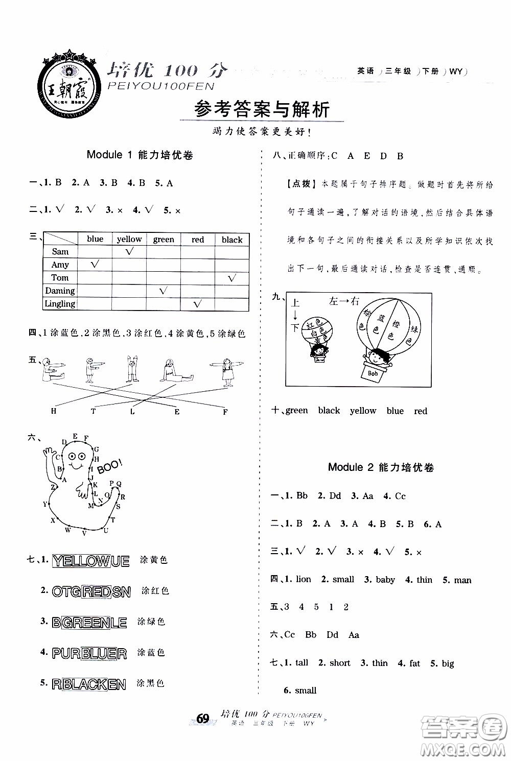 2020年王朝霞培優(yōu)100分英語(yǔ)三年級(jí)下冊(cè)WY外研版參考答案