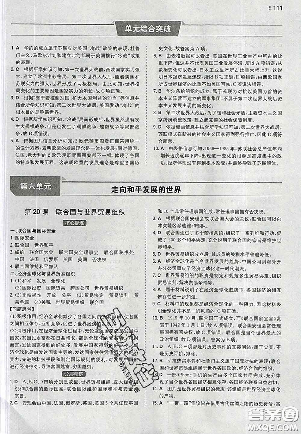 2020新版一本同步訓(xùn)練初中歷史九年級(jí)下冊(cè)人教版答案